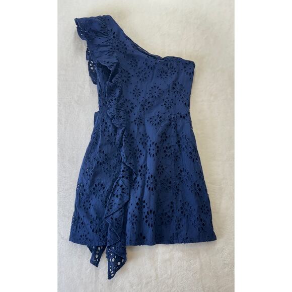 Lovers + Friends Seana Mini Dress Womens XXS Deep Navy One Shoulder Eyelet - Picture 6 of 15